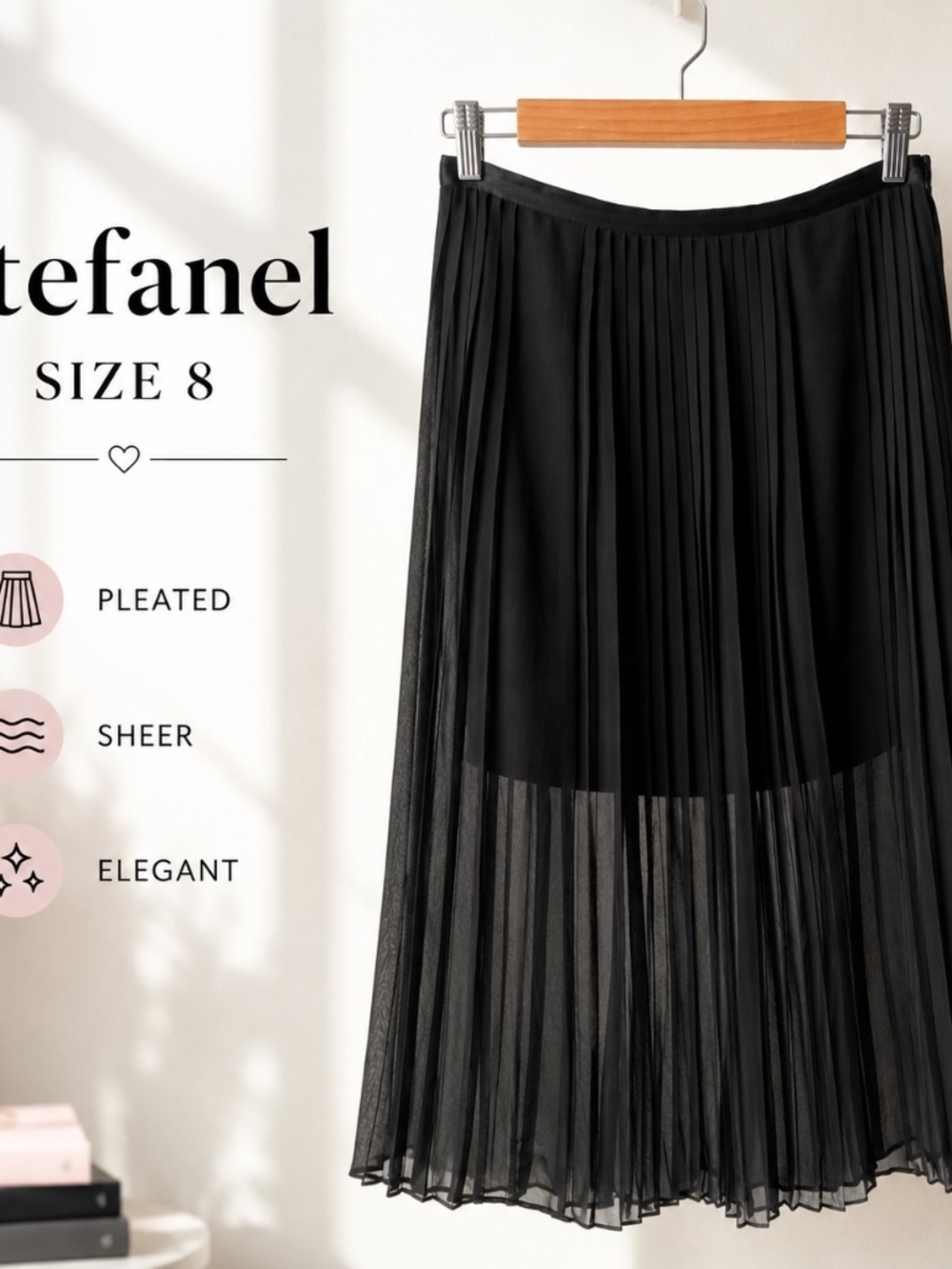Stefanel Black Pleated Sheer Midi Skirt Women’s Size 8
